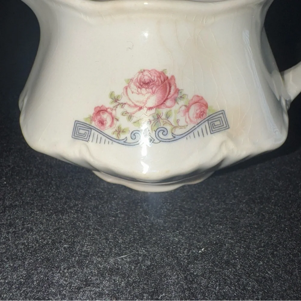 Rare 1941 Homer Laughlin Creamer Pitcher 3 Pink Peonies w/ Blue Geometric Scroll